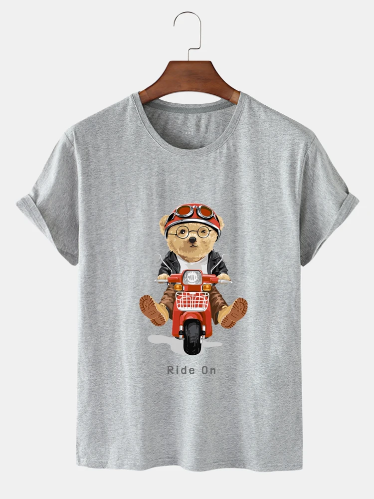 

Summer Personality Trend Soft Cartoon Riding A Battery Bike Bear Pattern Printing Daily Short Sleeve Round Neck Loose T-shirt