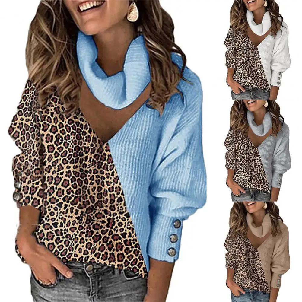 

2021 Autumn Winter Casual Women Sweater Leopard Patchwork Hollow Out Lantern Sleeve Turtleneck Knitted Pullover for Daily Wear