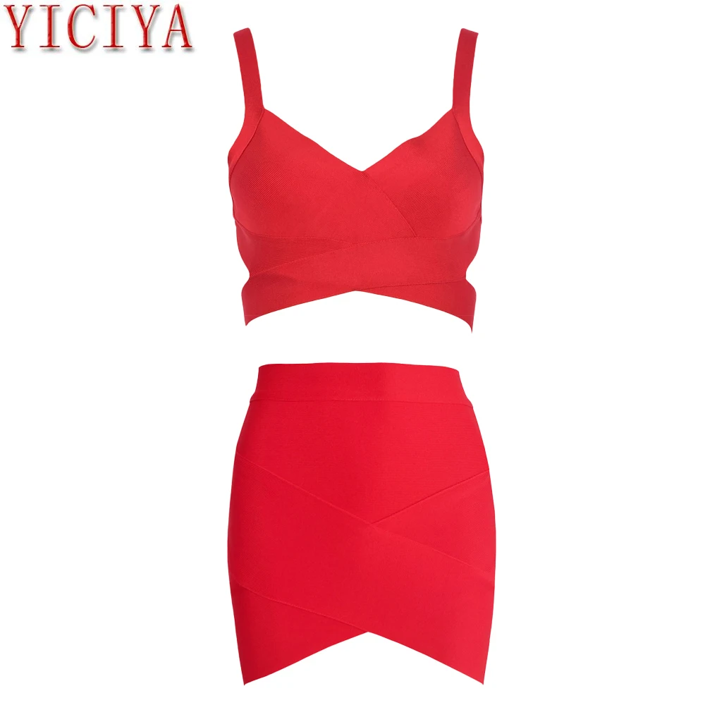 

2020 New Summer Clothes For Women Spaghetti Strap Cut Out V-neck Red Bandage Suit Party Celebrity Bodycon Red Two Piece Set