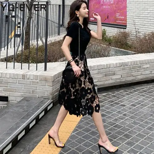 Женская кружевная юбка с завышенной талией зеленая ажурная Юбка До Колена