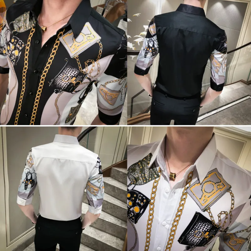 

2020 Chain Printing Shirt Men Half Sleeve Casual Slim Fit Luxury Dress Shirts Streetwear Night Club Blusa Camisas Para Hombre