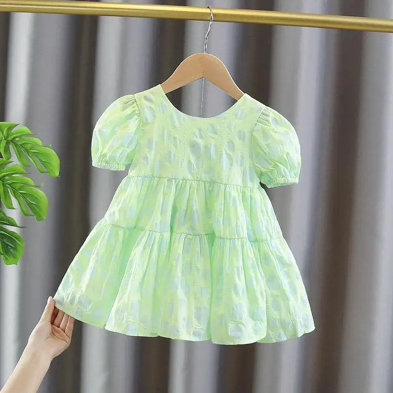 

2021 New Girls Summer Dress Korean Children Clothes Green Dot Short Puff Sleeve Bow Princess Party Cute Dresses