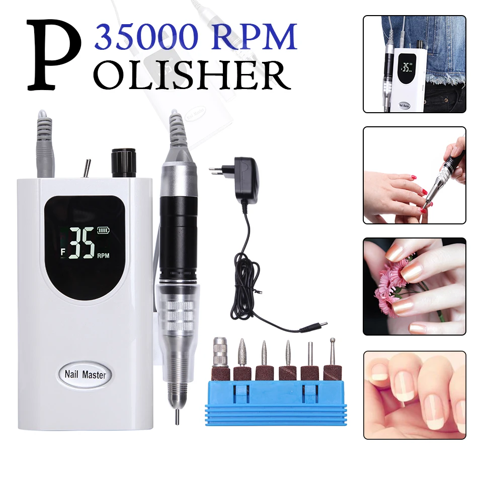 35000RPM Portable Rechargeable Electric Drill Nail Machine Manicure Pedicure Kit Nail Gel Art Polishing Tools Milling Cutter