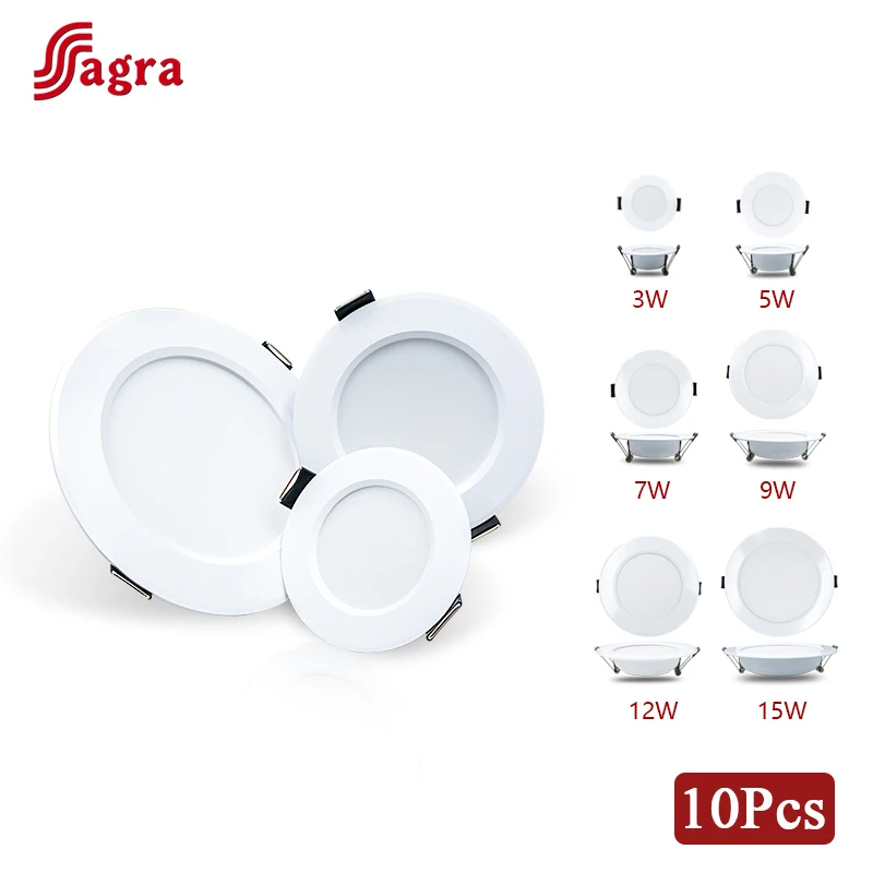 

10pcs/lot LED Downlight 3W 5W 7W 9W 12W 15W Round Recessed Lamp 220V Down Light Home Decor Bedroom Kitchen Indoor Spot Lighting