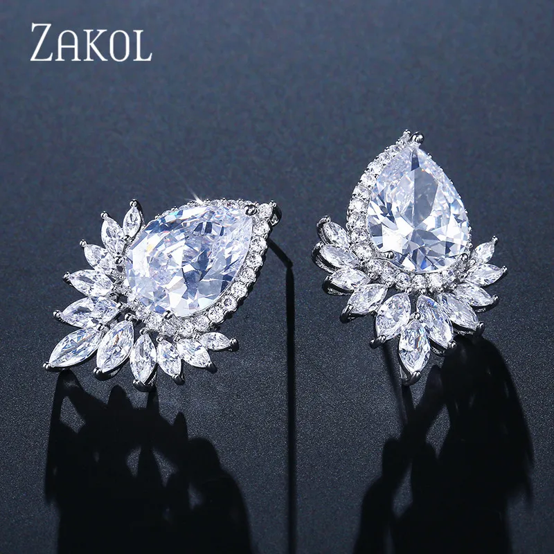 Комплект ювелирных изделий ZAKOL с романтичным цирконием серьги гвоздики в форме