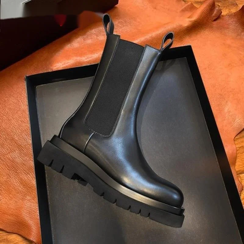 

Botas Chelsea de terciopelo para mujer, botines de fondo grueso de tubo medio negro, moda inglesa, otoño e invierno,