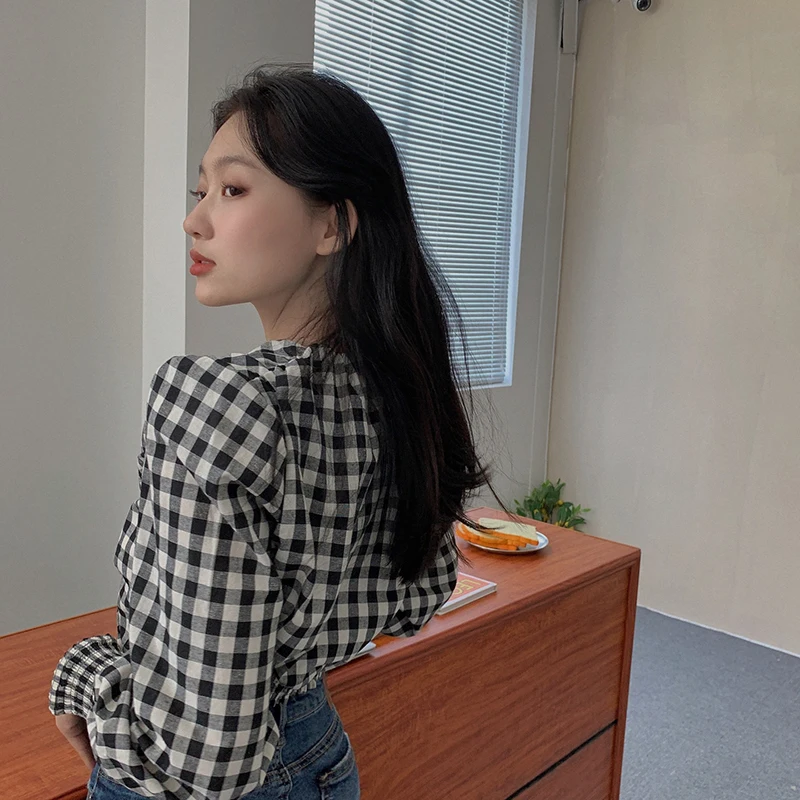 

Women's Clothing Autumn Hong Kong Style Chic Bow Plaid Hollow Out Crop Top V-neck Long Sleeve Shirts Female Fashion Blouses