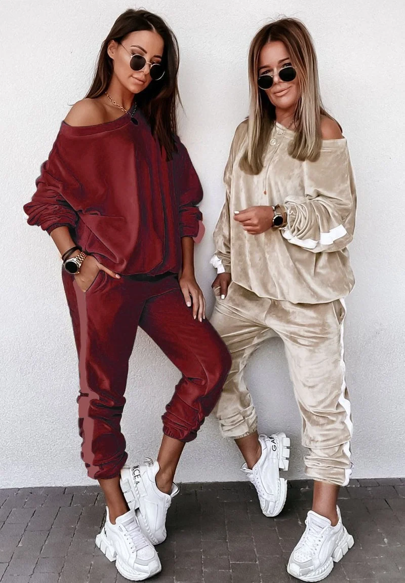 

Женский комплект осень-зима 2021 Новинка брюки на молнии в полоску с длинным рукавом бархатный повседневный комплект из двух предметов наряд...