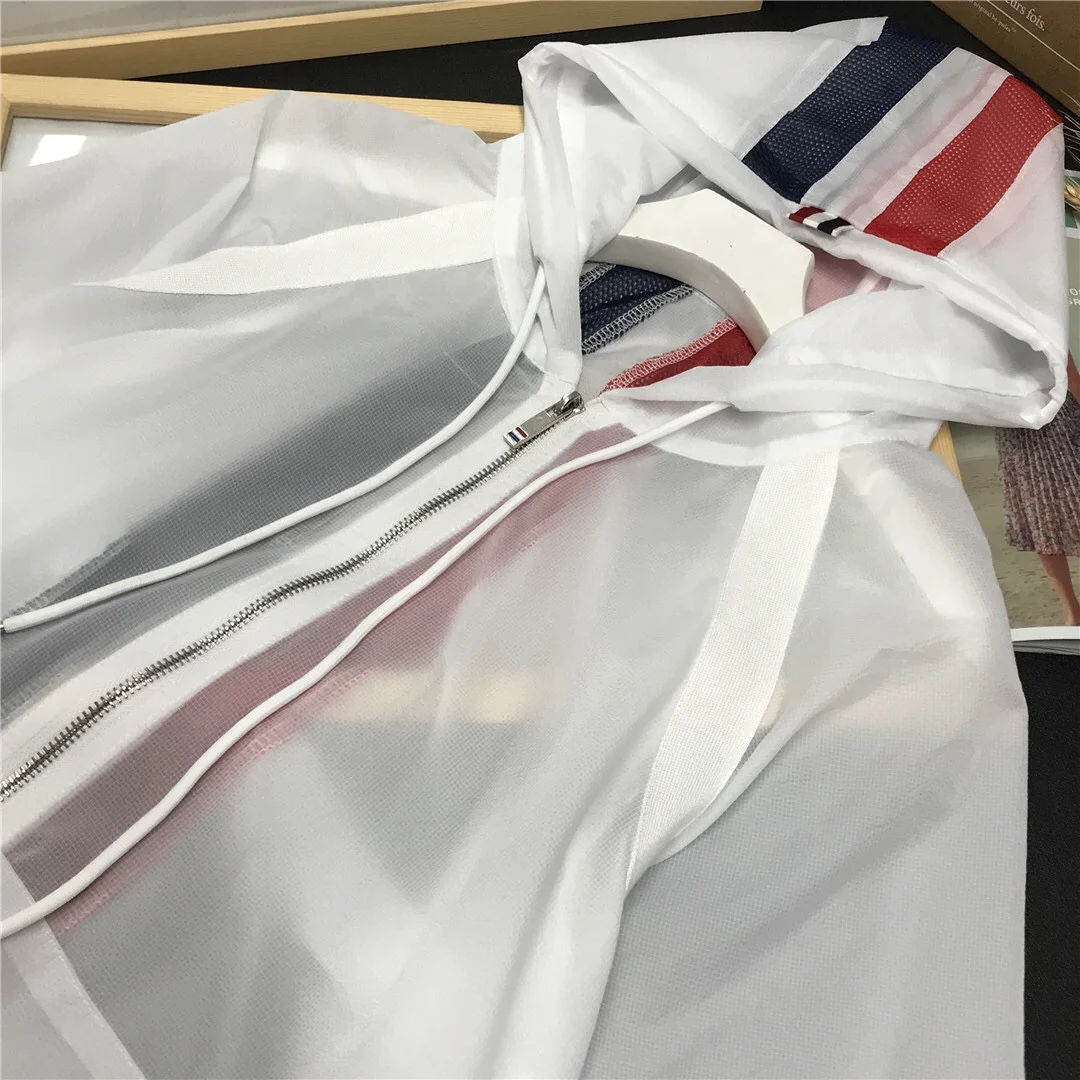 

New TB Sunscreen Skin Coat Hit Color Striped Back Webbing Hooded Zipper Mesh Breathable Men And Women Casual Long-Sleeved Jacket