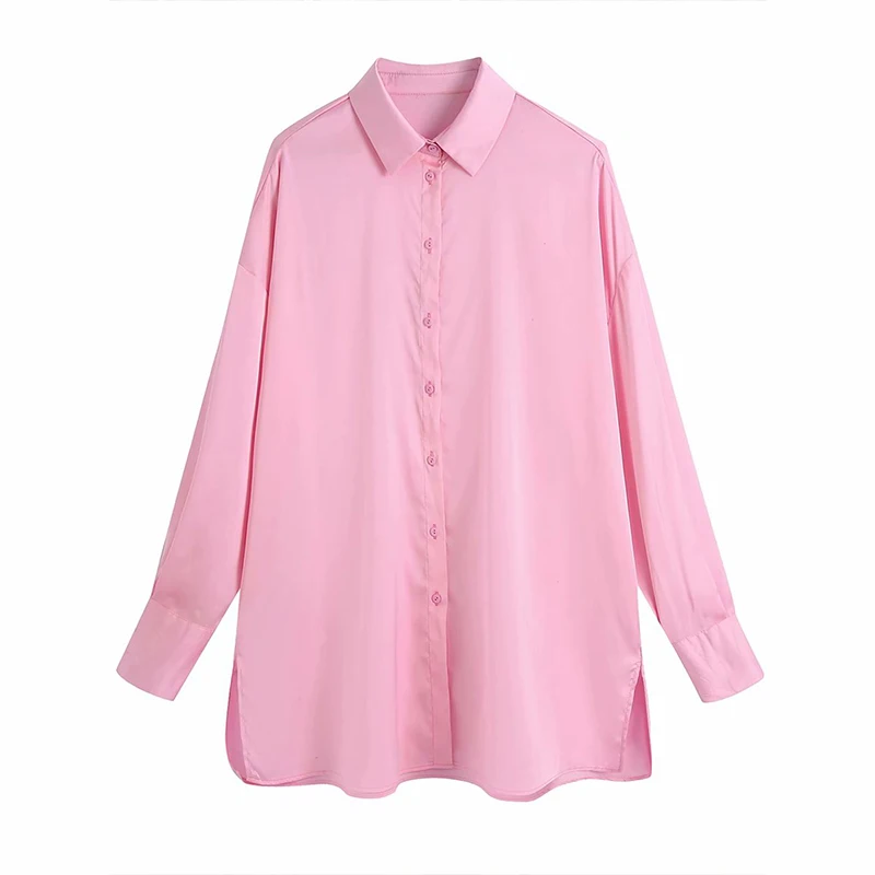

WXWT Za Women Solid Oversized Satin Shirt Long Sleeve 2021 New Female Casual Shirt Chic Tops CC3400