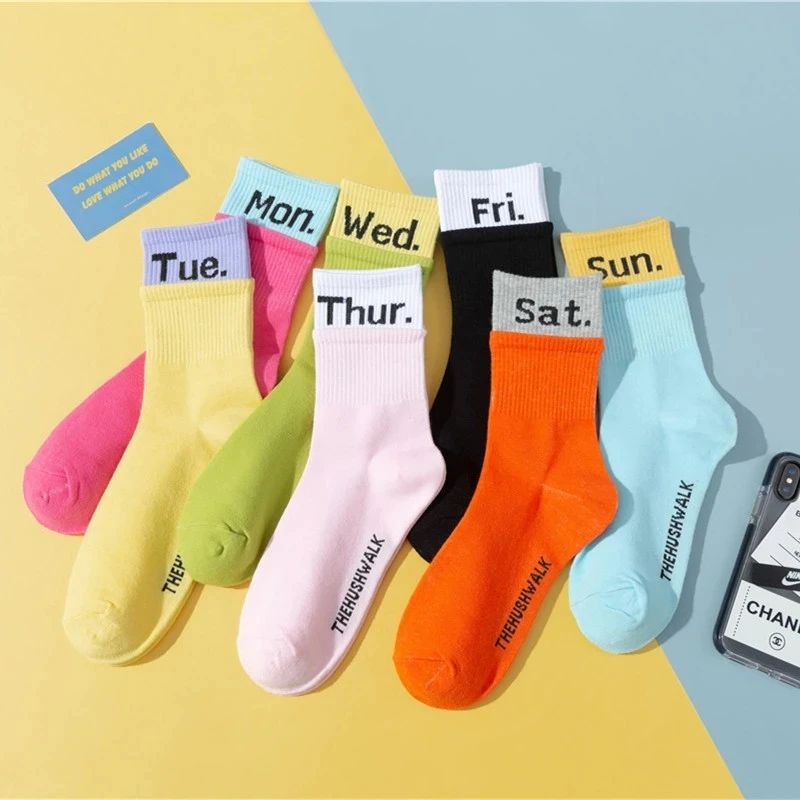 

7Pair Women Crew Socks Funny Cute Cartoon candy colour week socks Happy skateboard crew Socks 7colour in one bags