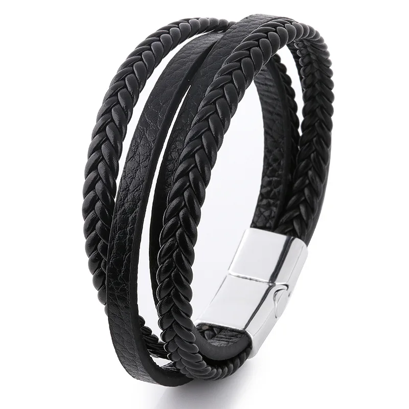 silver black-F Мужские кожаные браслеты, браслеты, браслет для мужчин, стальная магнитная застежка, Плетеный многослойный браслет для мужчин, браслеты для мужчин - Окраска металла: silver black-F