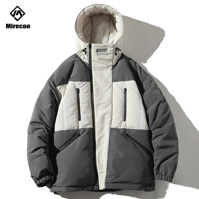 

Block Color Japanese Winter Jacket Men Patchwork Parka Hip Hop Streetwear Hood Padded Jacket Coat Outwear Windbreak Men Clothes