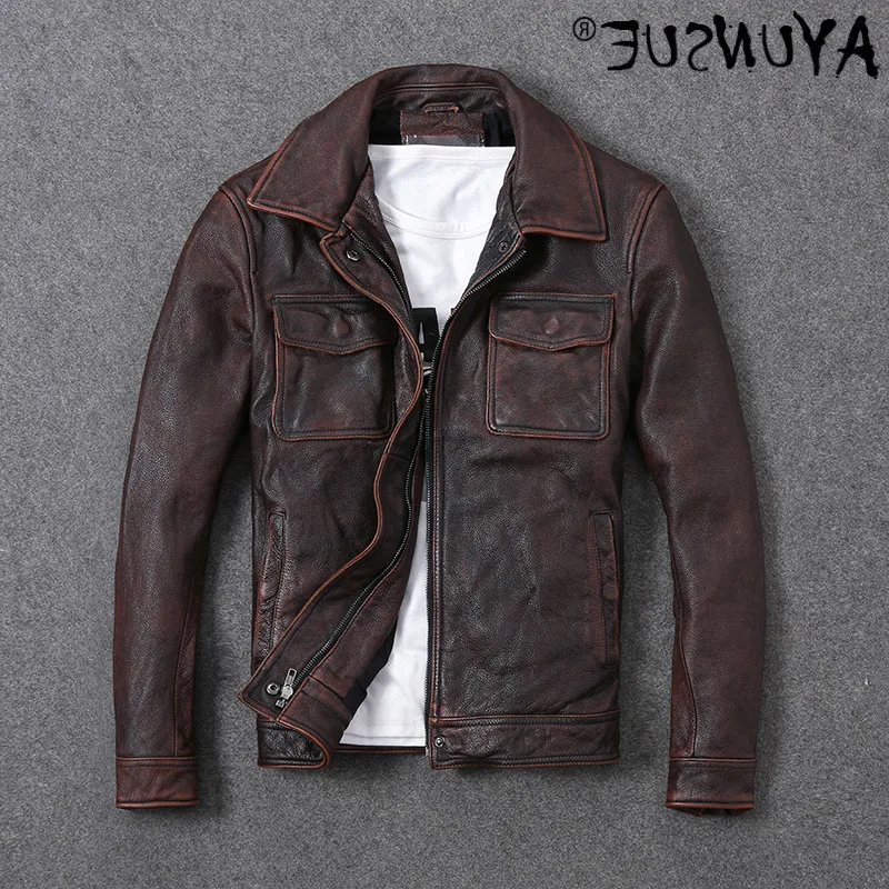 

Мужская кожаная куртка в стиле ретро, большая кожаная куртка, облегающая куртка