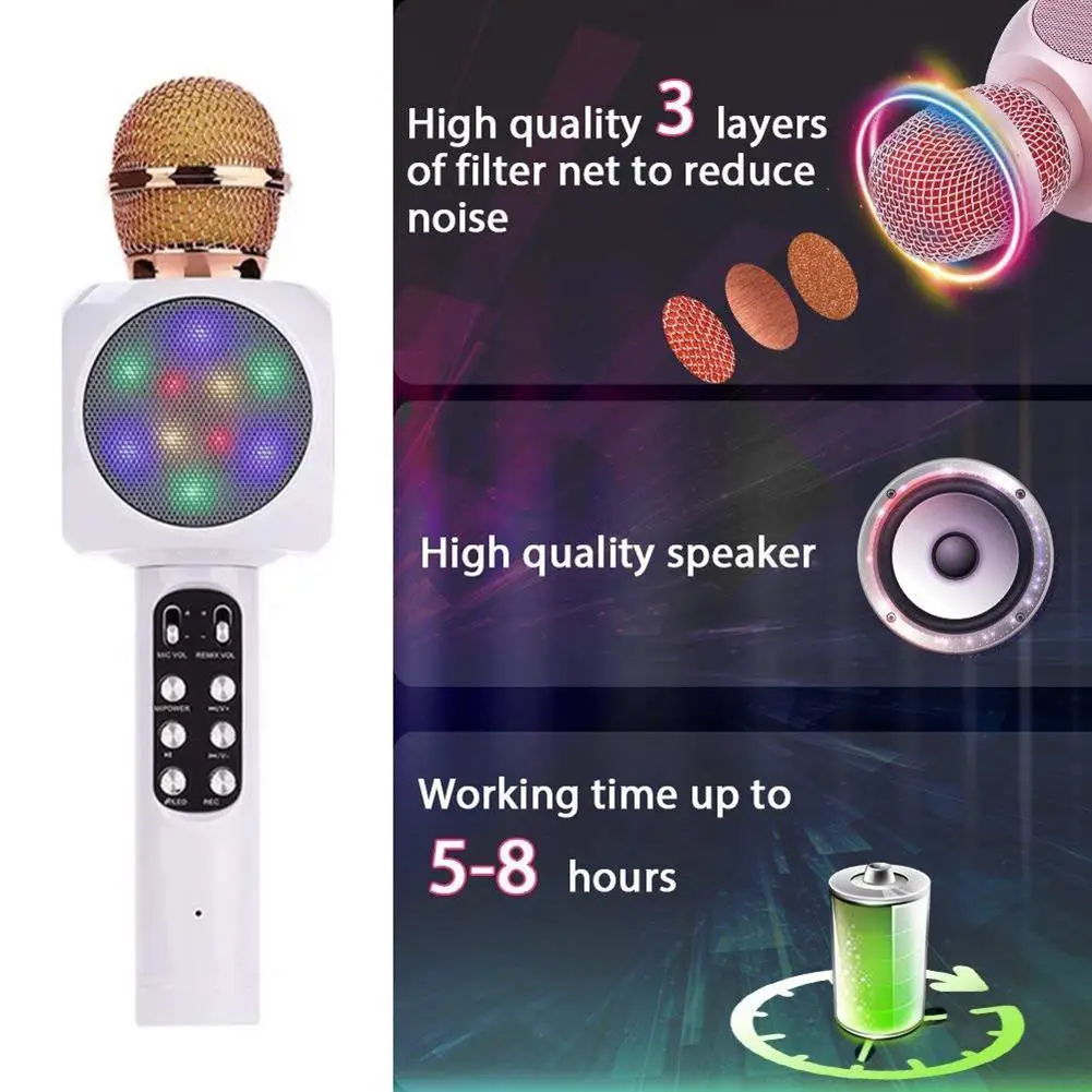 Портативный микрофон для караоке беспроводной Bluetooth динамик со светодиодный