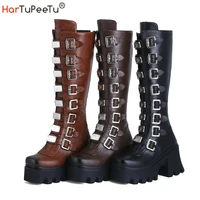 cosplay motorcycle boots women winter 2021 punk style pu leather martin boots knee high belt buckles decotare platform shoes