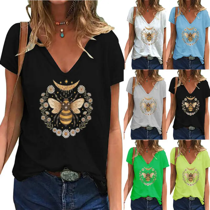 

Summer Women Casual V- Neck Short Sleeve T Shirt Animal Top Loose Blouse Tunic