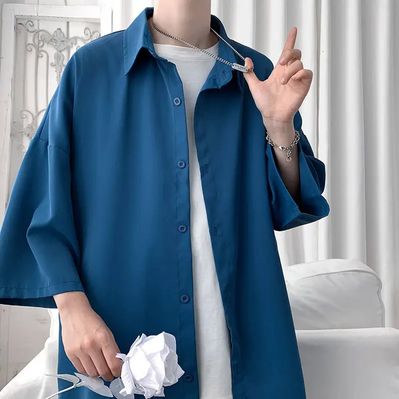 HYBSKR 2022 Summer Men Shirts Korean Style Loose Male Solid Color Short Sleeve Tops Man Baggy Casual Couple Clothes | Мужская одежда