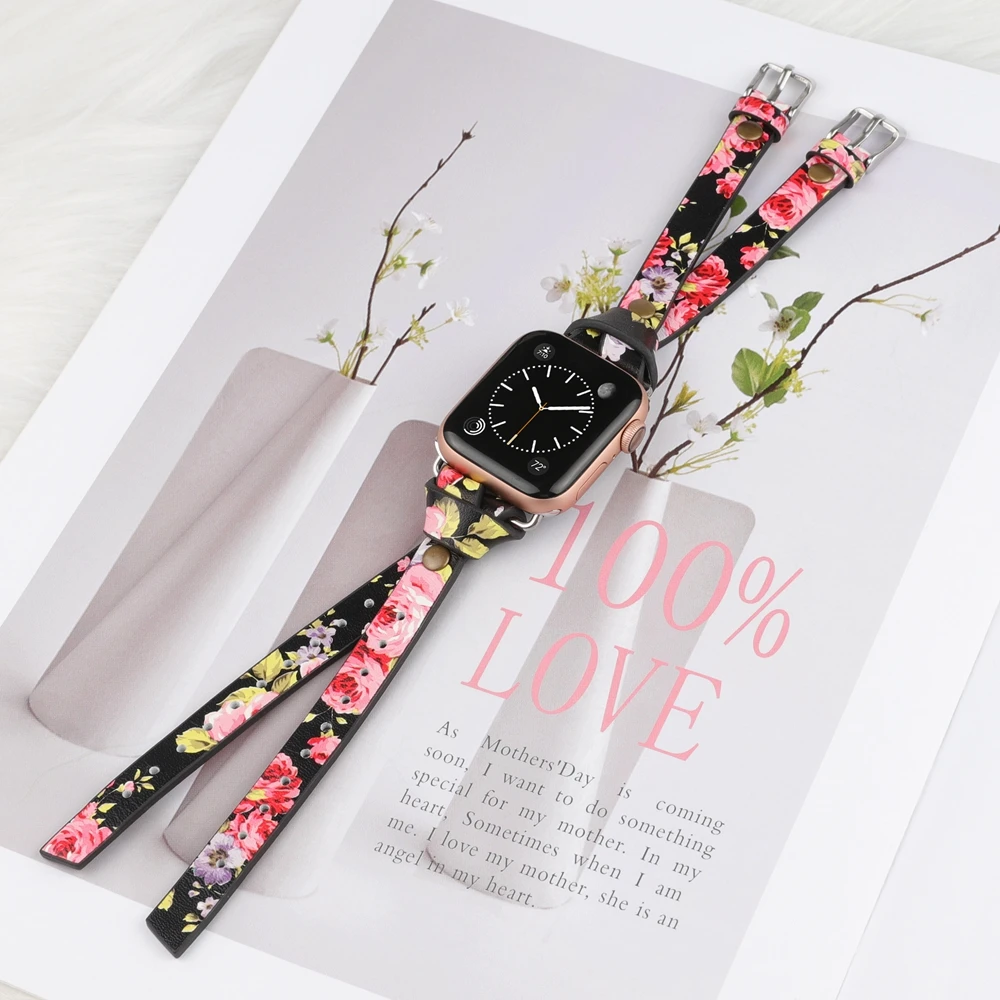 Toyouths Double Leather Band for Apple Watch Series 5 4 3 2 1 Strap for iWatch 2020 Chic Women Men Leather 38mm/40mm /42mm/44mm