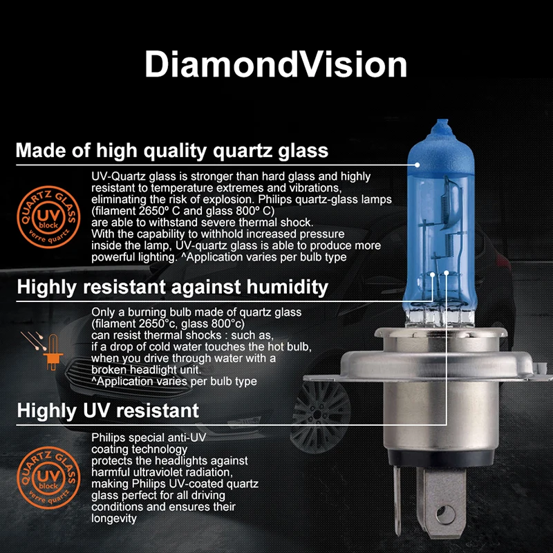 Philips h4 halogen 55W 12V Diamond Vision 5000K Ultimate White Light auto lamp H4 Headlight Original Car Accessories 2PCS