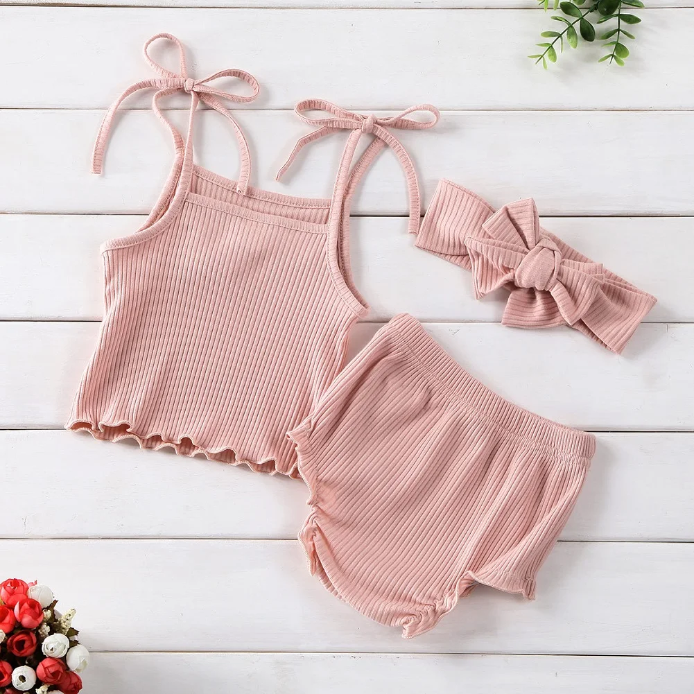 

Baby Girl Clothes Summer Clothing Girls Knitted Ruffle Vest Newborn Top Shorts Headband Kids Ribbed Casual Outfit Kids 3Pcs Set