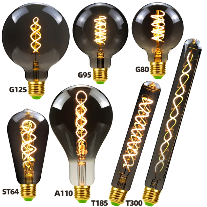 Лампочка эдисона G125 в стиле ретро, светодиодная лампочка с спиральным наполнителем 4 Вт, 2700k, 220 В, E27, декоративная лампочка с регулируемой яр...