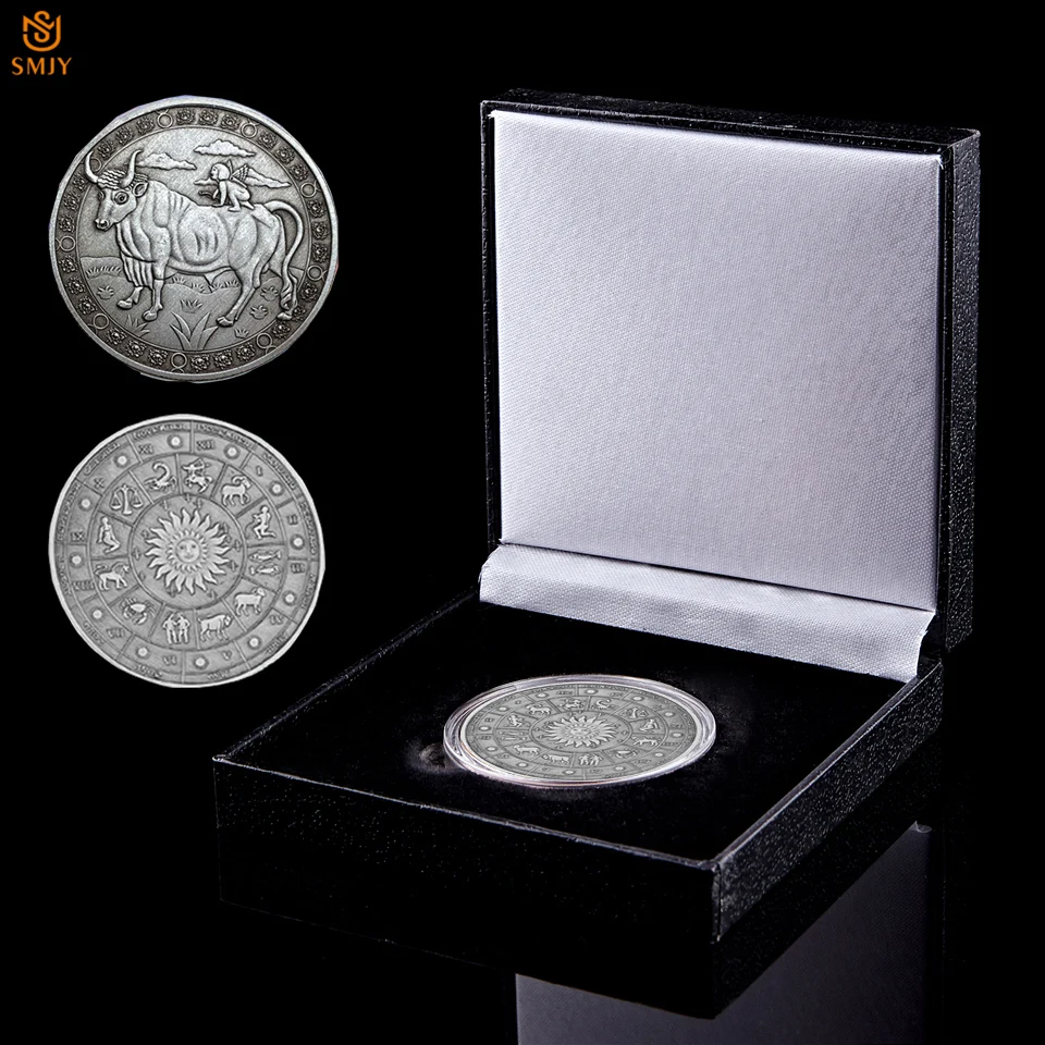 

2020 Zodiac Relief Symbol Euro Saturn Taurus Zodiac Sign Cow Rare Value Love Bronze Metal Souvenir Coin Collection W/Black Box