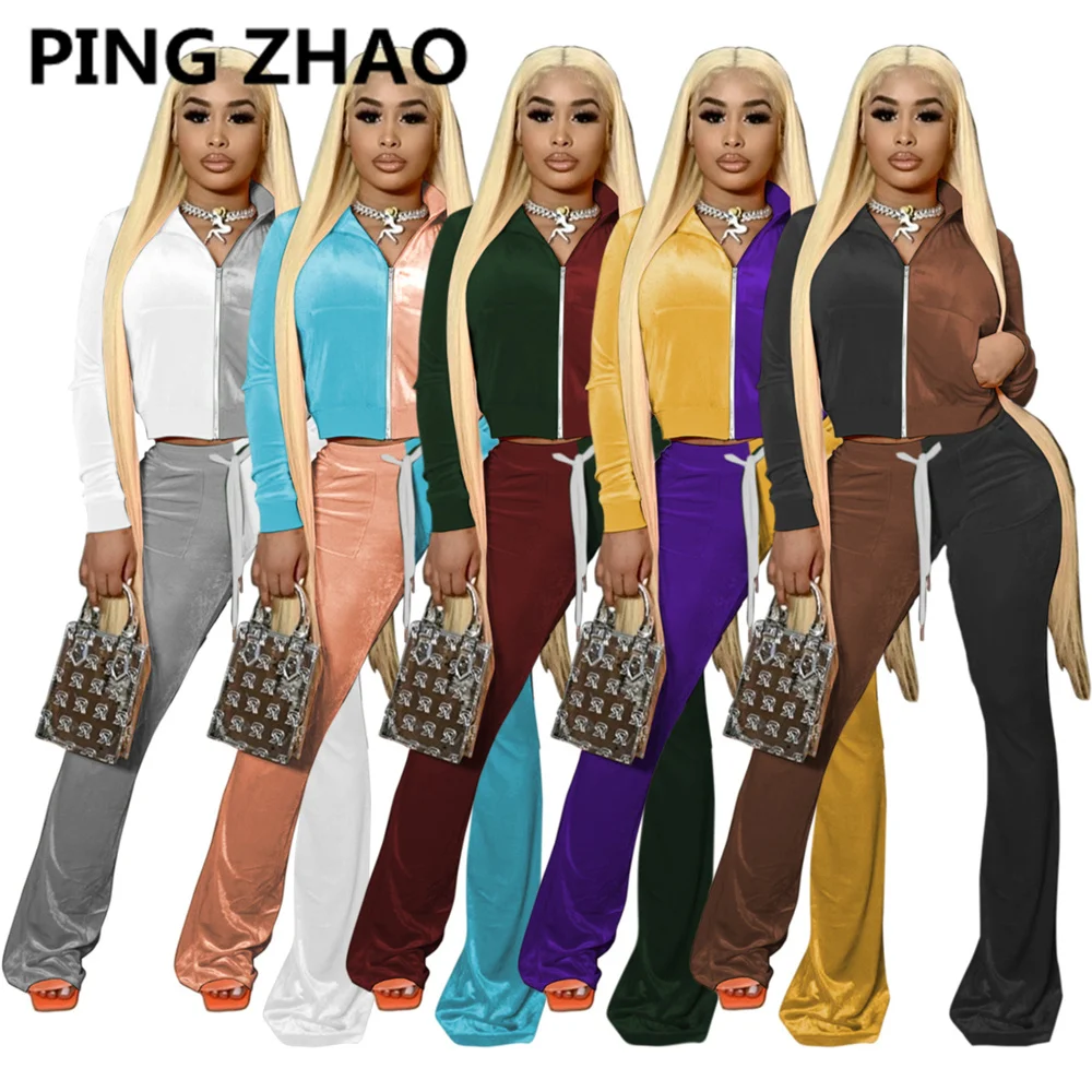

PING ZHAO Velvet Two Piece Set Women Autumn Winter Tracksuit Patchwork Zipper Long Sleeve Hoodies Top Flare Pants Casual Suit