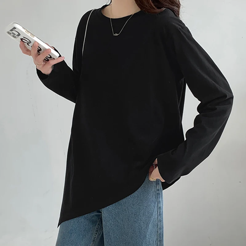 

T Shirt Women Autumn New Long Sleeve Cotton Casual Basic Tops Femme O Neck Solid Asymmetrical Slim Thin New Fashion Tees Female