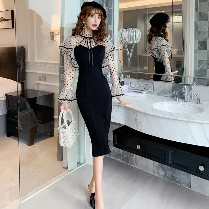 

Sexy Polka Dot Women One-piece Slim Dress Korean Flare Sleeve High Waist Strapless Mesh Dresses Black
