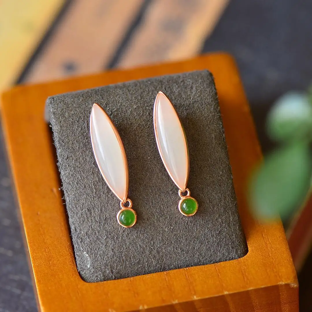 

Drop-Shaped Retro Stud Earrings Female Beautiful Classical Special Interest Earrings Original Design Hetian Jade White Jade Earr