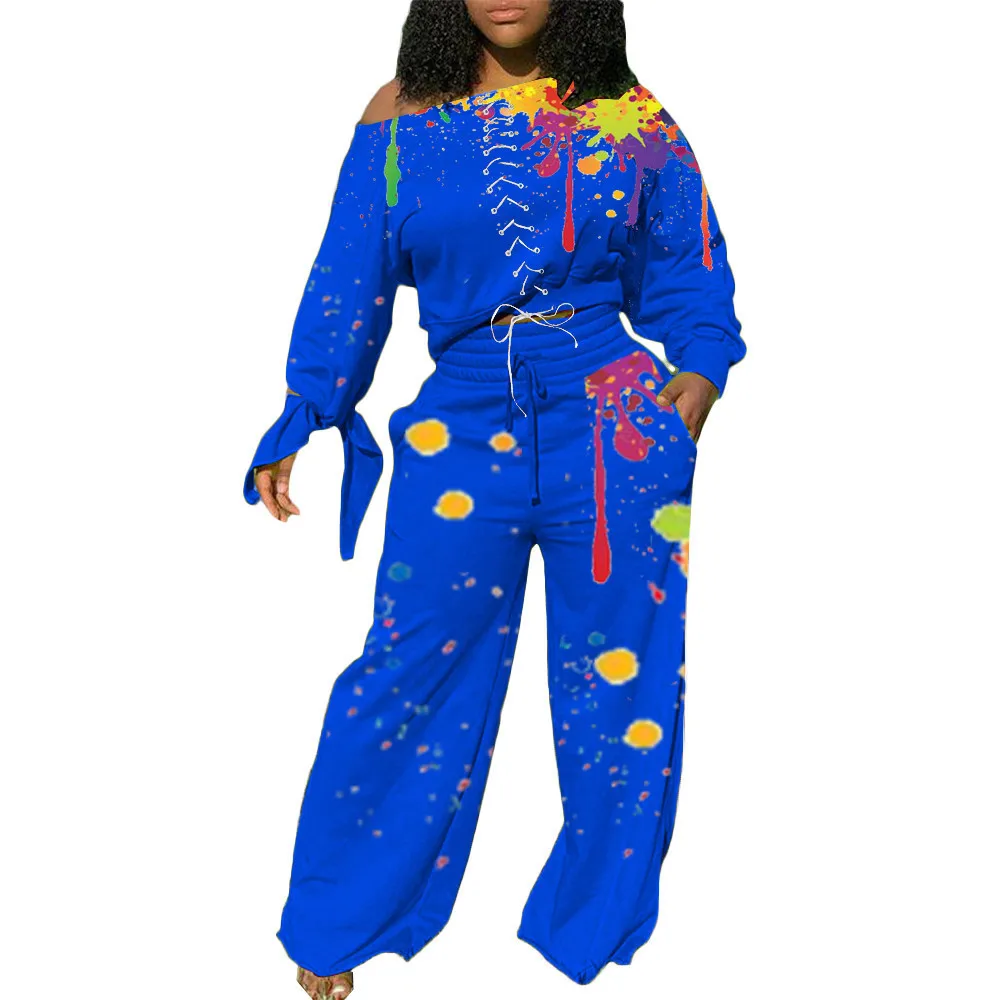 

Streetwear Graffiti Print Long Sleeve Crop Top and High Waist Wide Leg Trouser Women Matching Sets Autumn Casual 2 Piece Outfits