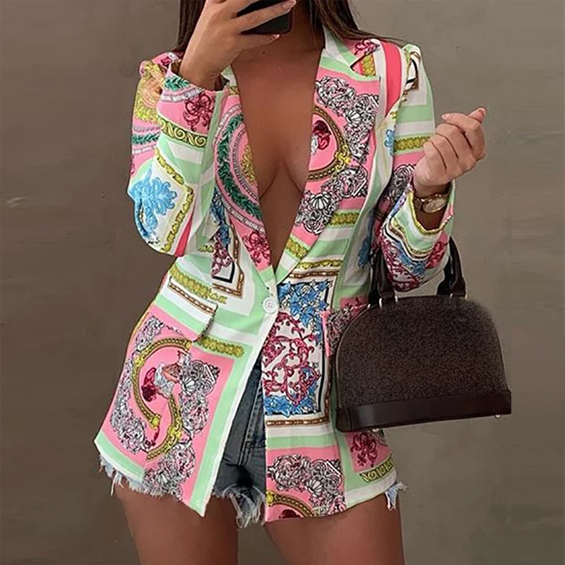 

2021 Autumn Spring Office Lady Elegant Fashion V-Neck Jackets Coats Vintage Pattern Printed Chic Button Cardigan Women Coats
