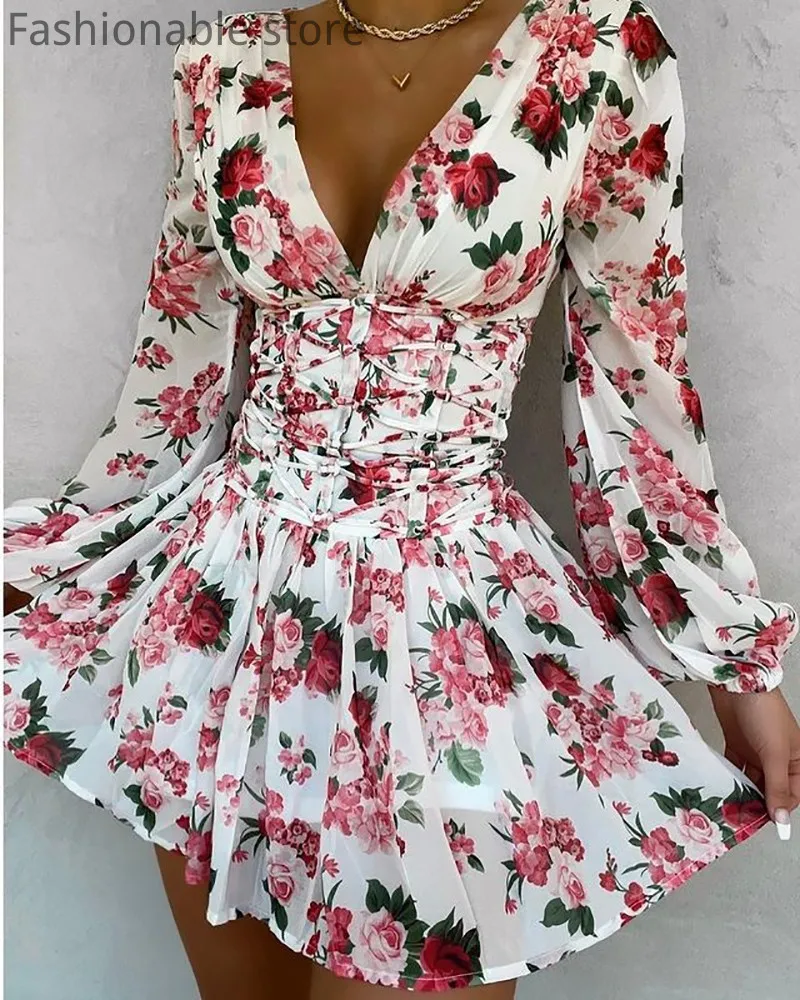 

Женское платье с глубоким V-образным вырезом, длинным рукавом и высокой талией, со шнуровкой и рюшами