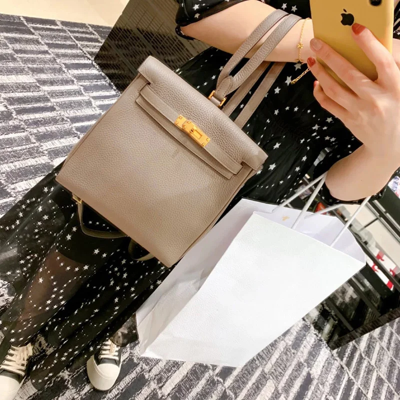 

2021 new head leather women's bag lychee pattern Kelly backpack ins same fashion schoolbag Leather Backpack