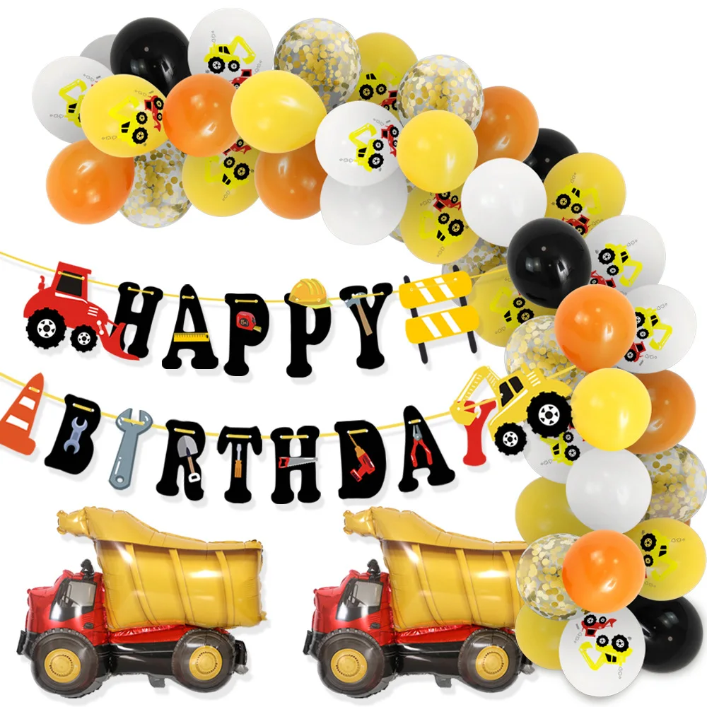 Globos de látex con diseño de excavadora para fiesta de cumpleaños, set de 53 unids/set para decoración de cumpleaños, con bandera, camión y Chico