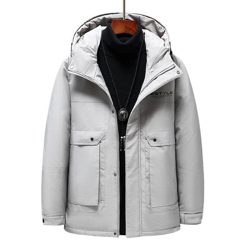 2021 Winter Warm 90% White Duck Down Men's Hooded Jacket Streetwear Solid Color Big Pocket Thick Windproof Coat Male 3XL