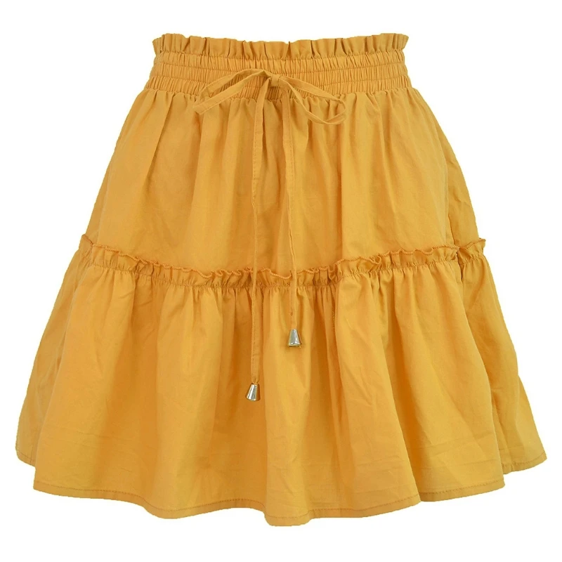 

Women Summer Drawstring High Waist Mini Pleated Skater Skirt Solid Color Flared Ruffle Hem Loose Swing A-Line Streetwear