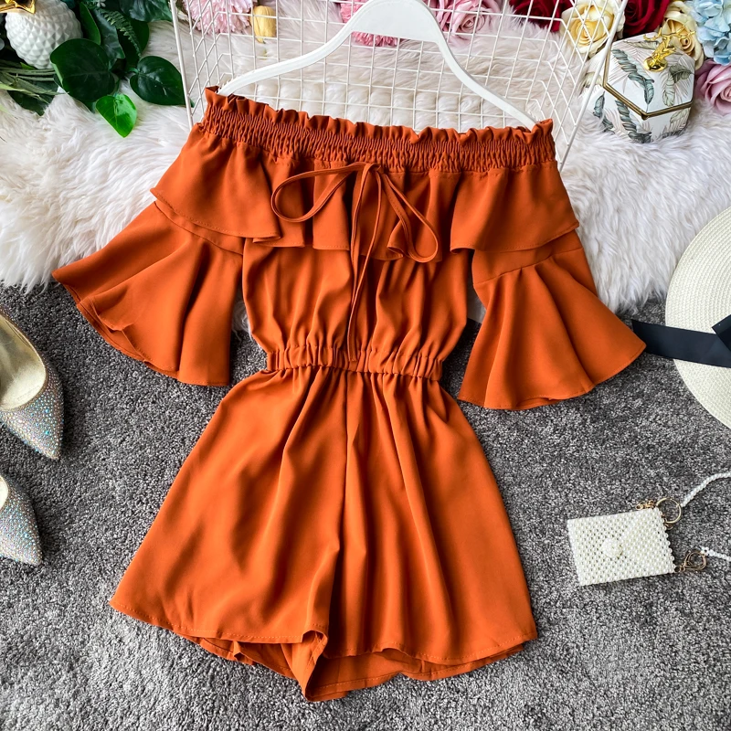 

Комбинезон женский с оборками, пикантный ромпер с коротким рукавом, с открытыми плечами, элегантные шорты, пляжная одежда, лето 2020