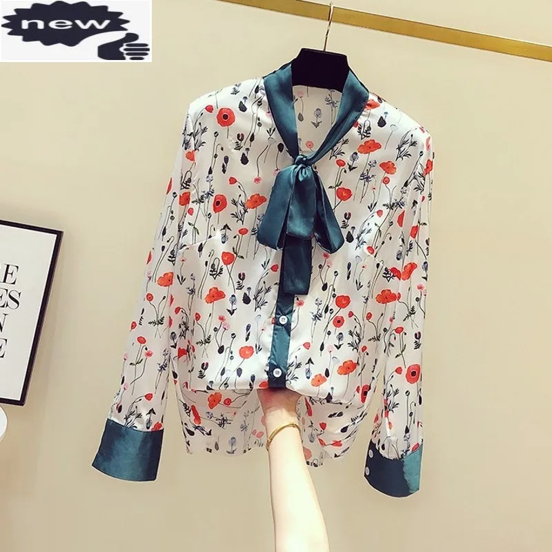 Summer 2021 New Office Ladies Vintage Floral Printed Shirts Bow Collar Long Sleeve Satin Womens Shirt Colors Mixed Blouse