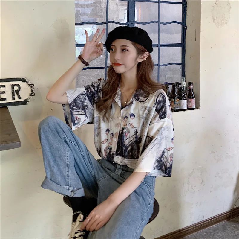 

Long Oversized Harajuku Blouse for Women Ladies Summer Button Up Shirt Short Sleeve Tops Clothes Vintage Aesthetic Clothing