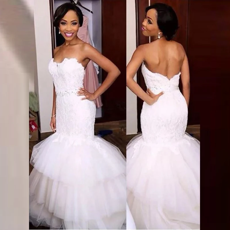 

African Gorgeous Mermaid White Bridal Wedding Dresses Lace Open Back Wedding Gowns for Bride Sweetheart Beaded Tiered Skirt