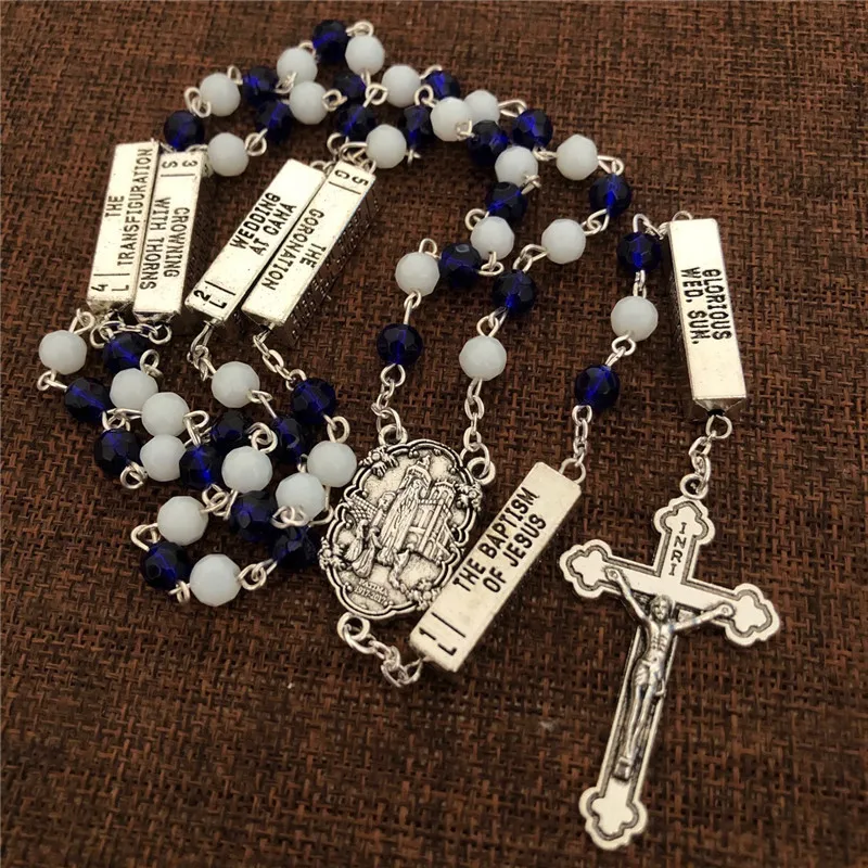 Католические голубые и белые стеклянные четки подвески ожерелья религиозный