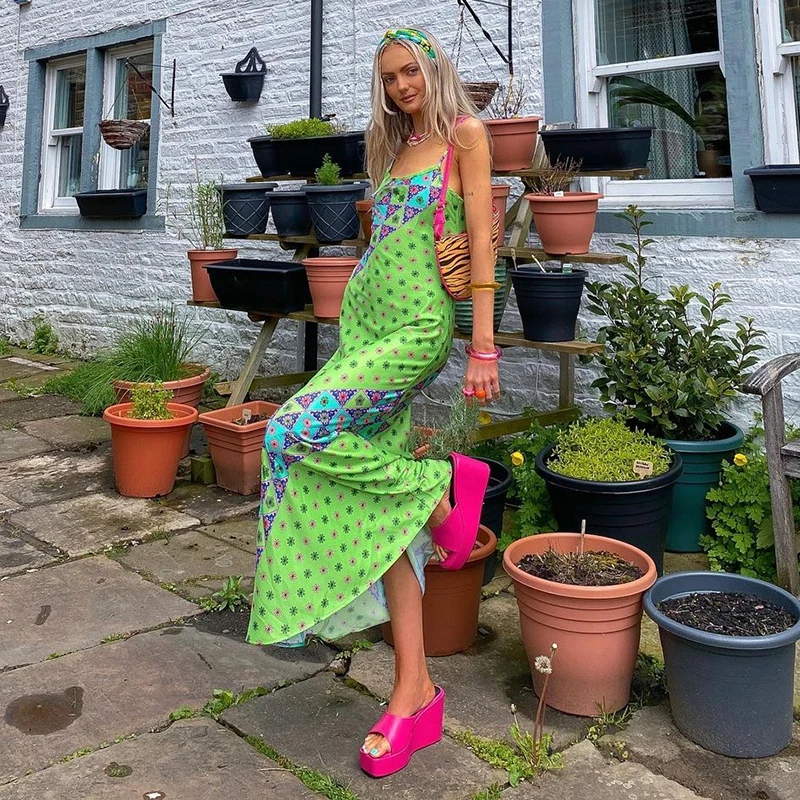 

Green Retro Floral Print Boho Midi Dress Sleeveless Spaghetti Strap Vintage Maxi Dresses Women Summer Vacation Clothes