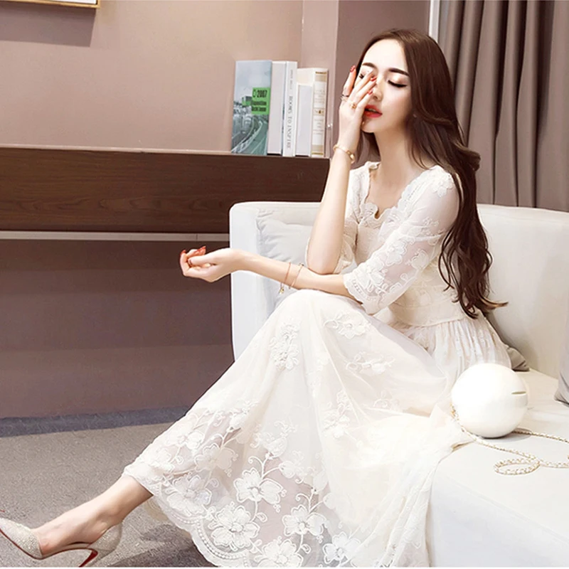 

2019 Autumn Korean Style Long Lace Dress Female Elegant High Waist White Long Party Dress Casual Women Maxi Dress Vestidos S-2XL