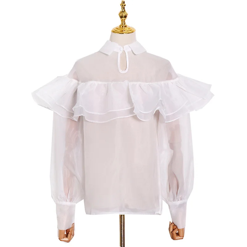 

French ruffled lantern sleeve long sleeve gentle loose organza shirt women thin