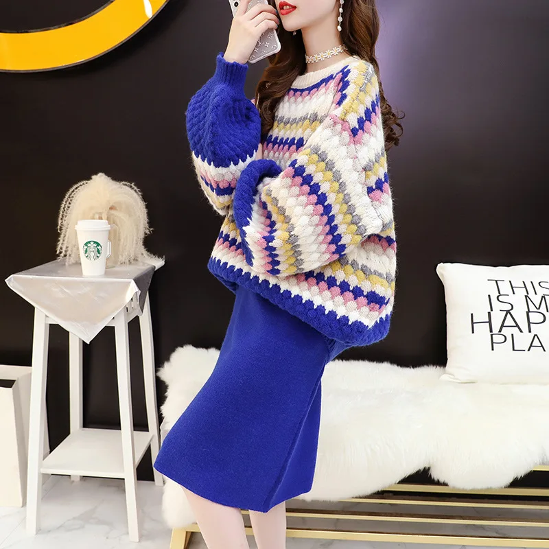 

Woman Winter Thick Knitted 2pcs Suit Loose Sweater A-line Skirt Set for Woman Female Casual Warm Autumn Sets New 2020
