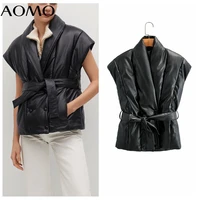 aomo women black faux leather parkas jacket with slash sleeveless loose oversize coat am34a