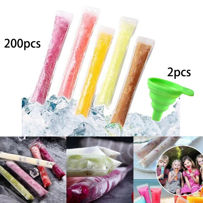 

200PCS Disposable Ice Popsicle Molds Bags with 2 Funnel Candy Zipper Closure Pouch Freeze Pops Bag 28X5.5cm