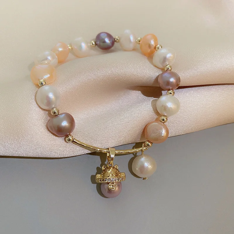 Браслет женский с бусинами и натуральным жемчугом цвета шампанского | Украшения